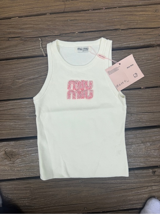 Miu Miu Tops - Miu Miu Cream Knit Tank with Pink Beaded Logo - Kids